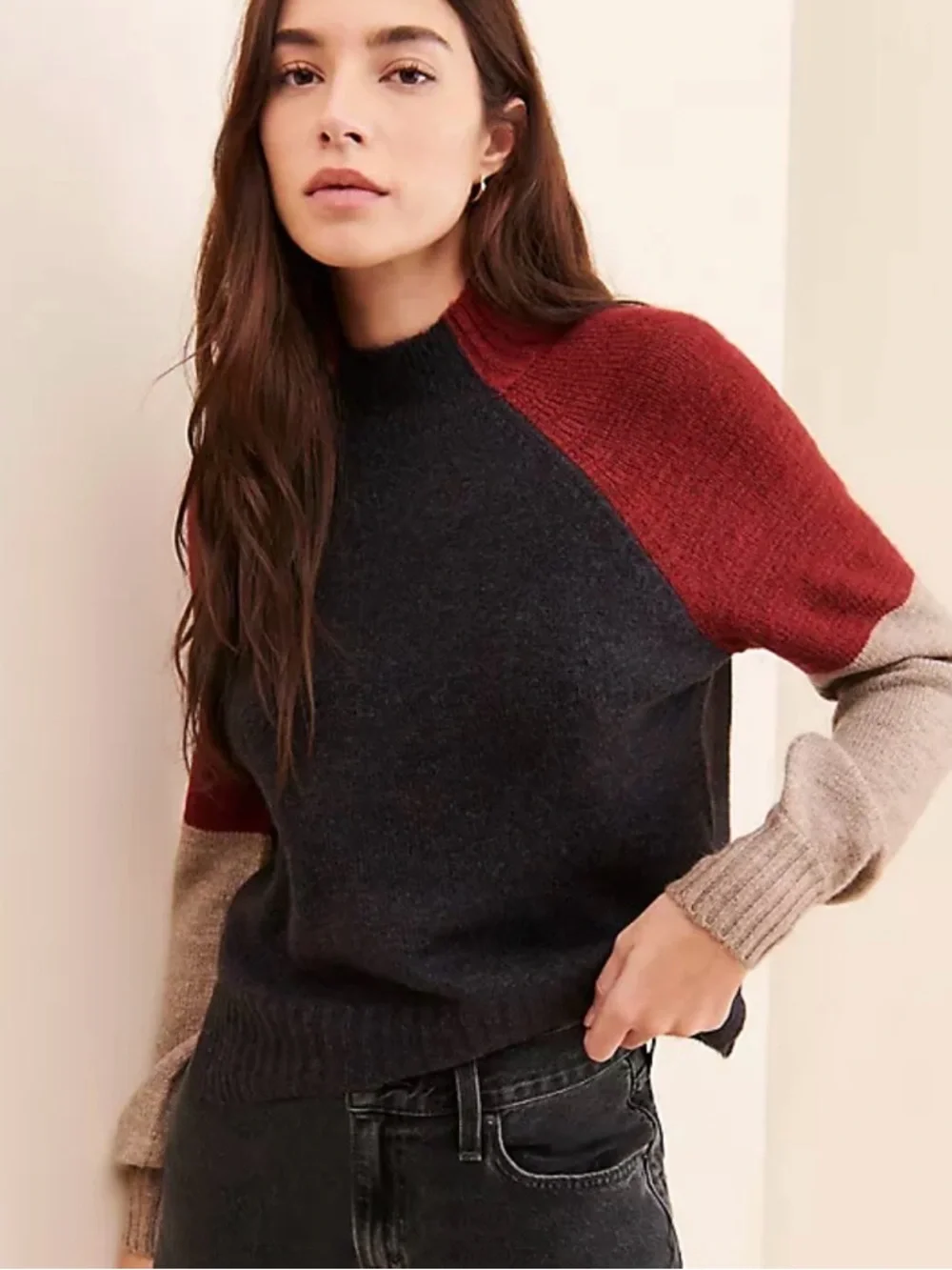 Vigoss Colorblock Mockneck Pullover‎ Sweater in Charcoal, Burgundy & Taupe